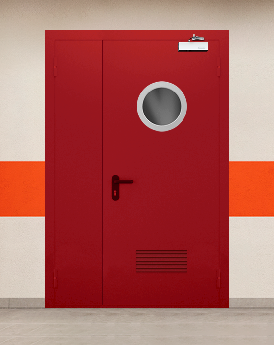 Противопожарная полуторная красная дверь EI 60 (2-го типа) с круглым окном, прямоугольной решеткой