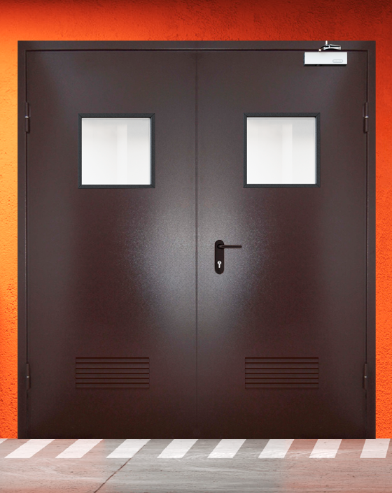 Противопожарная двупольная коричневая дверь порошковым напылением EIWS 30 с квадратным окном, прямоугольной решеткой