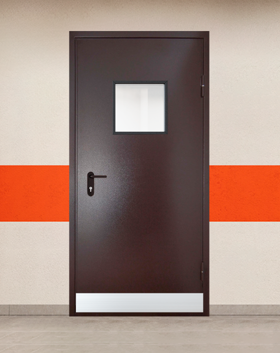 Противопожарная однопольная коричневая дверь порошковым напылением EIS 30 с квадратным окном, узким отбойником
