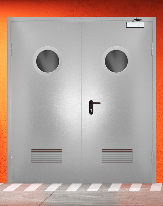 Противопожарная двупольная серая дверь порошковым напылением EIW 30 с круглым окном, прямоугольной решеткой