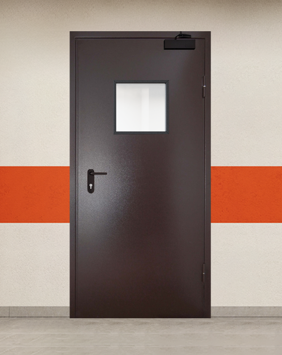 Противопожарная однопольная коричневая дверь порошковым напылением EI 90 с квадратным окном