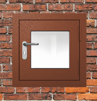 Люк металлический коричневый с окном и блестящей ручкой