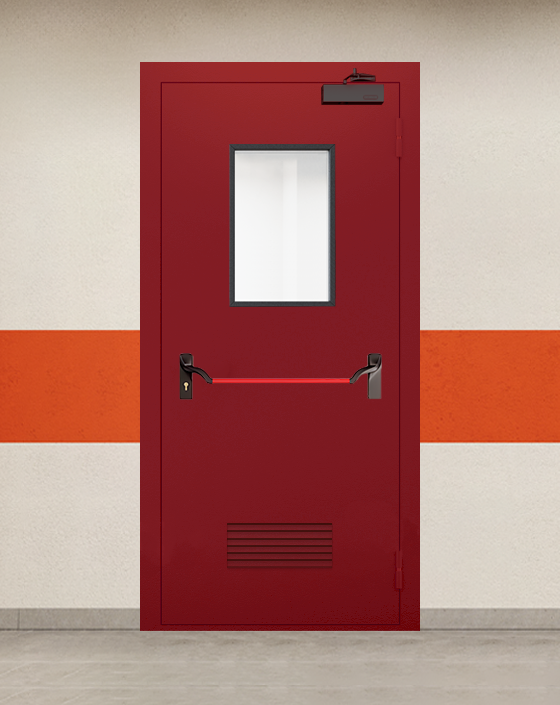 Противопожарная однопольная красная дверь EI 90 с ручкой антипаника, прямоугольным окном, прямоугольной решеткой